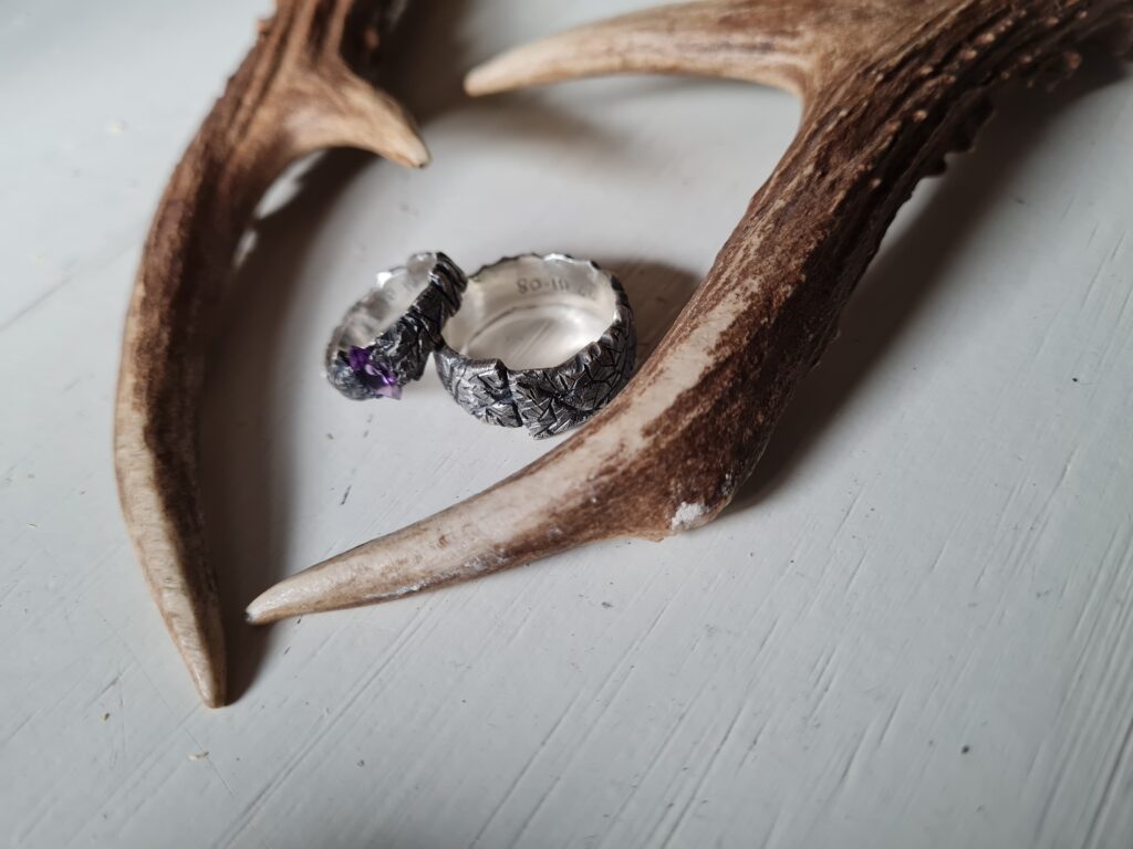 Twee donkere zilveren ringen met ruwe afwerking liggen tussen een gewei. De kleinere ring heeft een paarse steen.