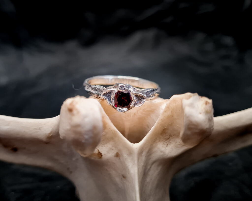 Een zilveren ring met rode steen rust op een schedel.