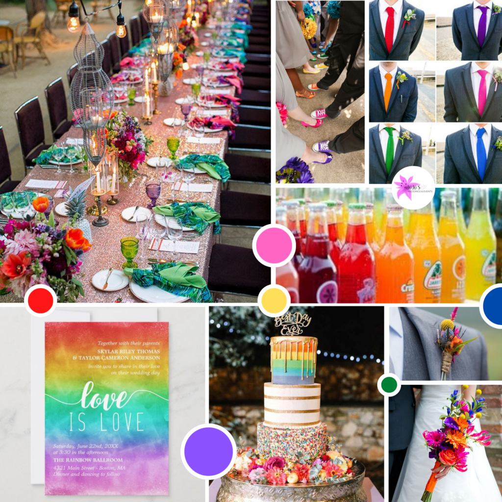 Moodboard voor een bruiloft in regenboog kleuren.